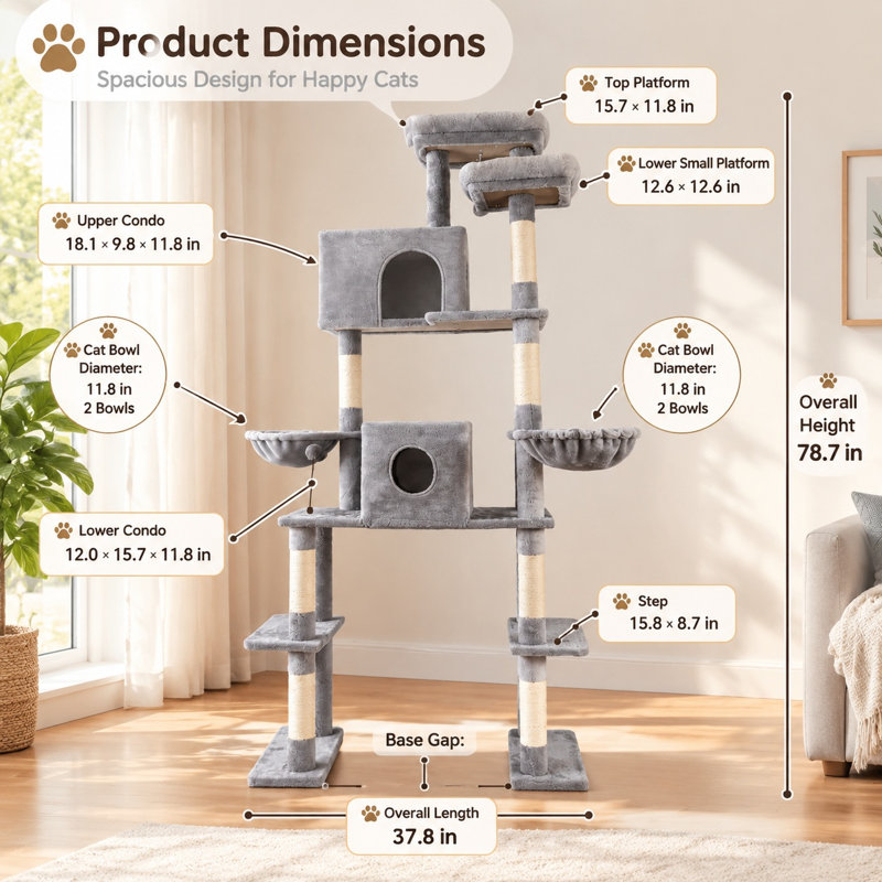 Tour pour arbre à chat 78,7 pouces de hauteur avec condos, perchoirs et griffoirs
