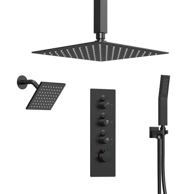 Thermostatic Shower Faucet System, Ceiling Mount High-Pressure Rainfall Dual Shower Head with Rough-In Valve, Matte Black