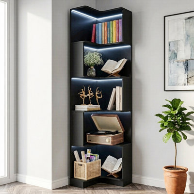 69" H L-Shaped Black Corner Bookcase with 5 Tiers and Remote-Controlled LED Lights