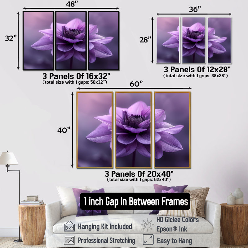 «Mauve Natures Nuance», ensemble de décorations murales Dahlia, Toile naturelle avec cadre flottant