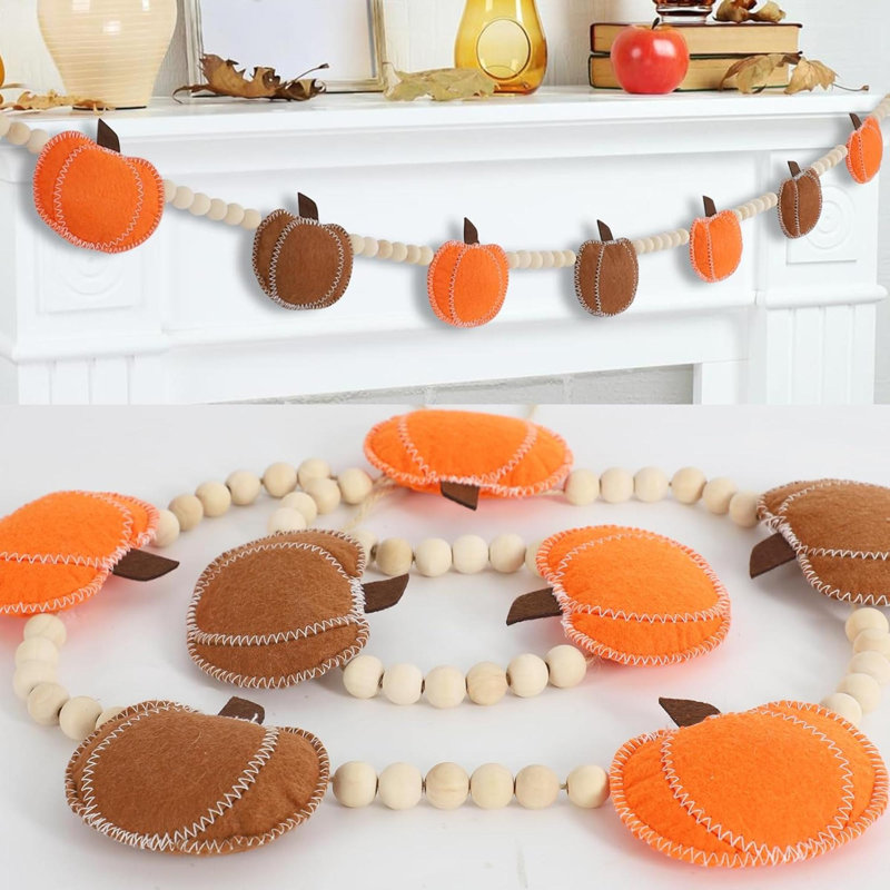 Décoration d'automne, décorations d'automne pour la maison, guirlande de citrouille en feutre et perle de bois pour décorations d'automne, décoration murale de citrouille d'automne pour manteau de cheminée
