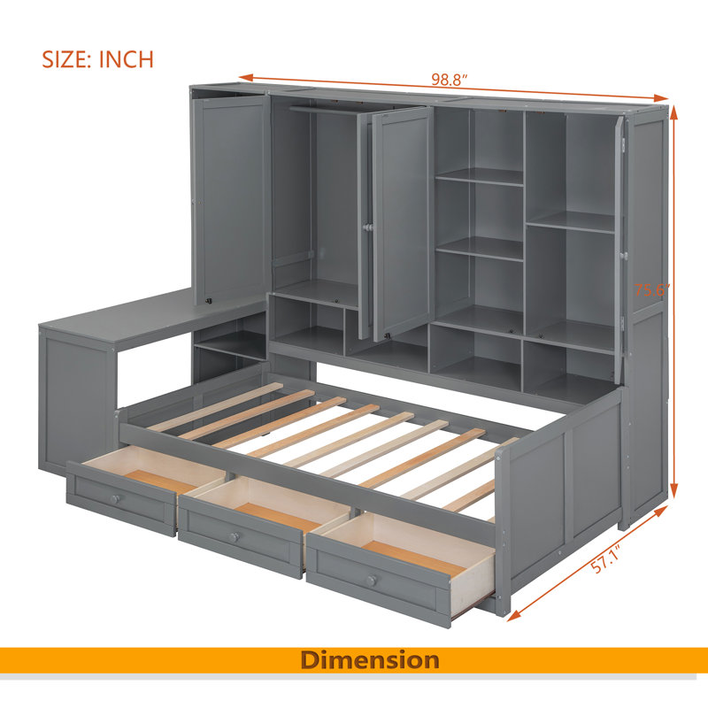 Lit de jour en bois avec trois tiroirs, armoire tout-en-un, bureau et tablettes, Lit simple, Gris