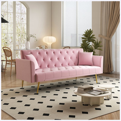 72 inch Modern Convertible Foldable Sleeper Sofa, Tufted American Retro Style, Pink Velvet Upholstery, for Small Living Rooms, Bedrooms & Offices