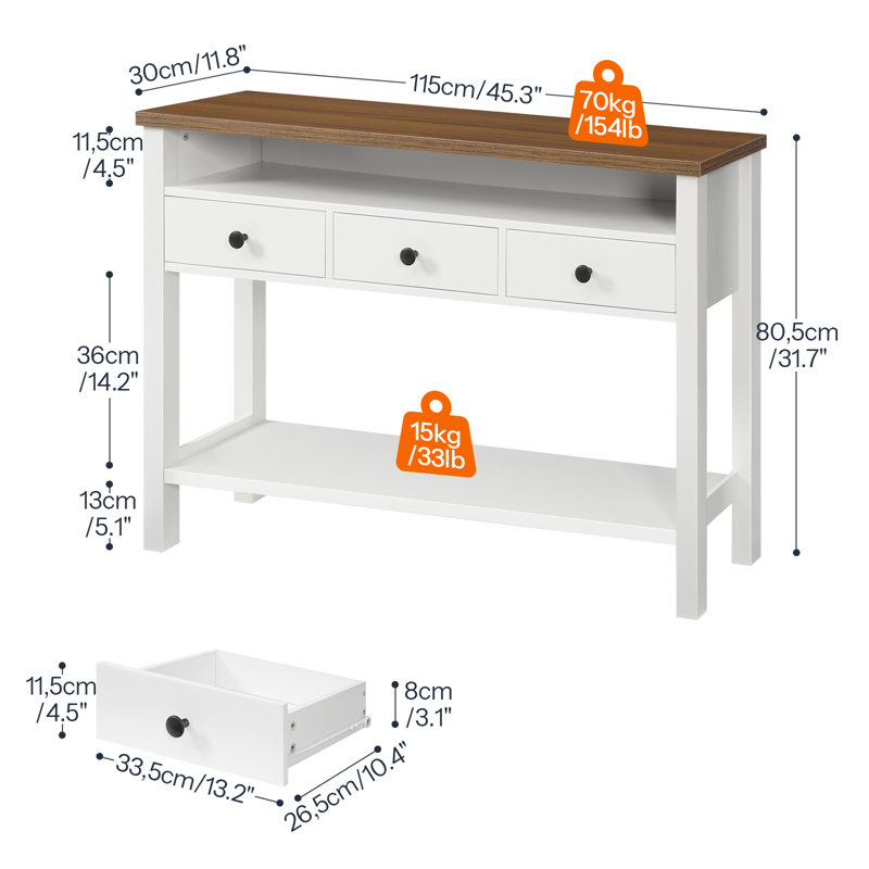 Console 45,3 po avec 3 tiroirs et tablette de rangement, Blanc, H 31,5 po x l 45,3 po x P 11,8 po, 3
