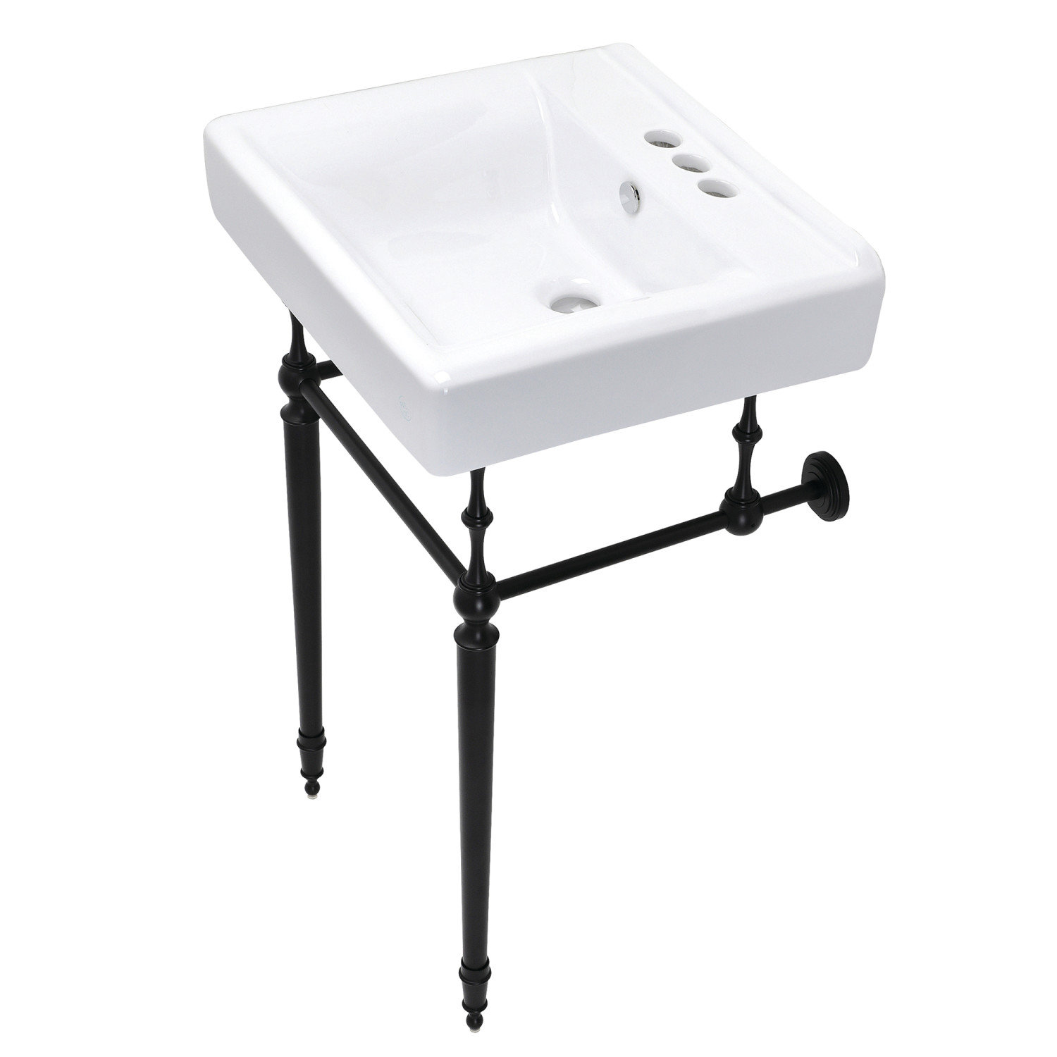 Kingston Brass Edwardian 20-Inch Porcelain Console Sink with Brass Legs (4-Inch, 3-Hole), White/Matte Black