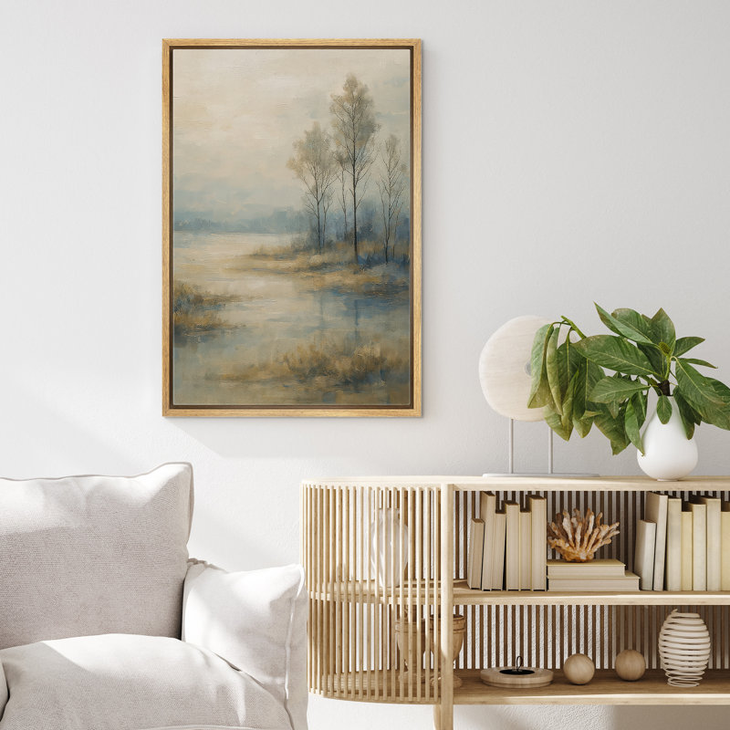 «Calm Lakeside Landscape with Bare Trees», reproduction d'art sur toile encadrée, H 36 po x l 24 po x P 1,5 po