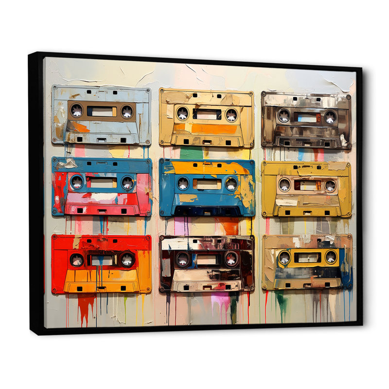 Popart Cassette Tapes Nostalgy, H 34 po x l 44 po x P 1,5 po, Cadre flottant noir