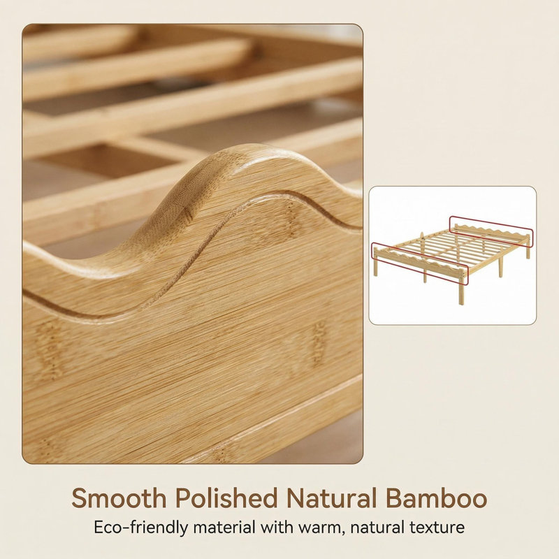 14 Inch Natural Bamboo Queen Size Bed Frame, Warm Tone Modern Style, Heavy-Duty Platform Bed, Wave-Shaped Design to Prevent Mattress Slipping, Squeak-Free & No Wobble, No Box Spring Needed