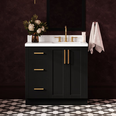 Meuble-lavabo rectangulaire simple décalé à droite de 91 cm (36 po) avec comptoir en quartz blanc de Carrare de 3,8 cm (1,5 po) d'épaisseur, finition noire.