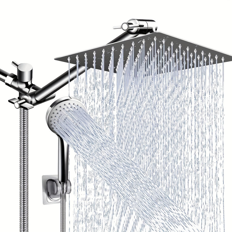 Ensemble de douche à effet pluie Mosson réglable de 20 cm avec bras pliable, douchette à main à 3 jets et inverseur en alliage de zinc, chromé