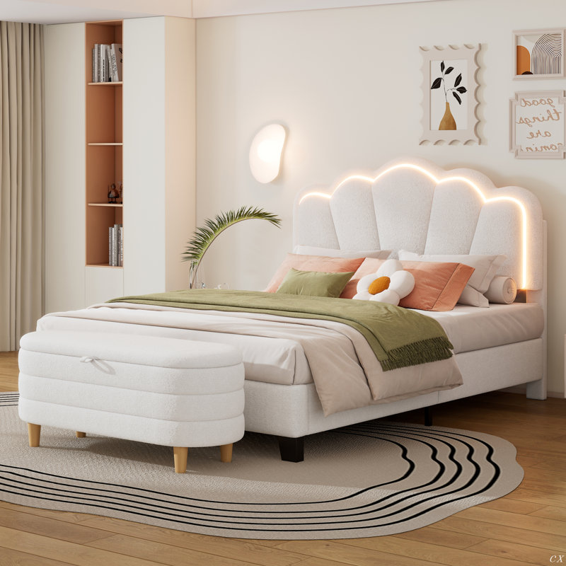 Ensemble de chambre à coucher 2 pièces avec lit plateforme tapissier en forme de fleur à DEL, White, Double