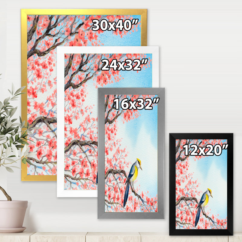«Beautiful Red Bird on Flowering Branch I», peinture sur toile encadrée, H 40 po x l 30 po x 1,5 po, Cadre blanc