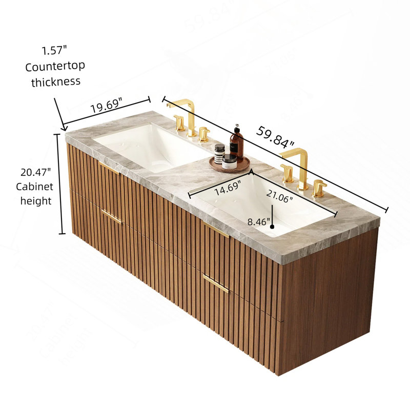 Meuble-lavabo de 60 po avec lavabo, armoire de rangement murale avec tiroirs, comptoir en pierre frittée et 2 lavabos avec 3 trous de robinet pré-percés