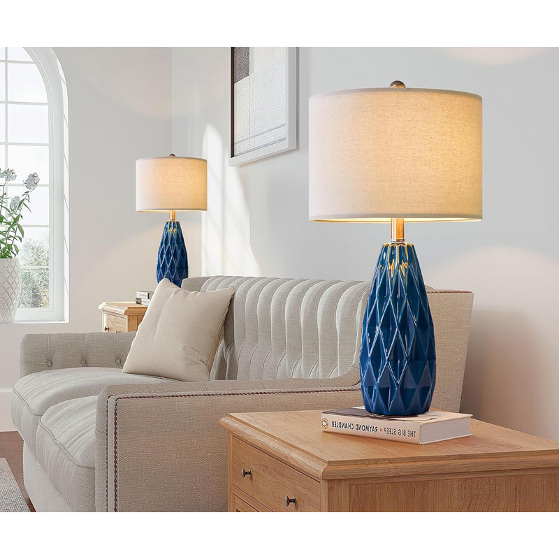 Modern Blue Ceramic Table Lamp Set with Beige Linen Shades