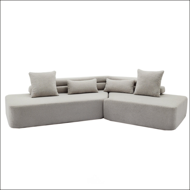 Modern 4-Seater Sectional Couch with four pillows, Light Gray Polyester Blend