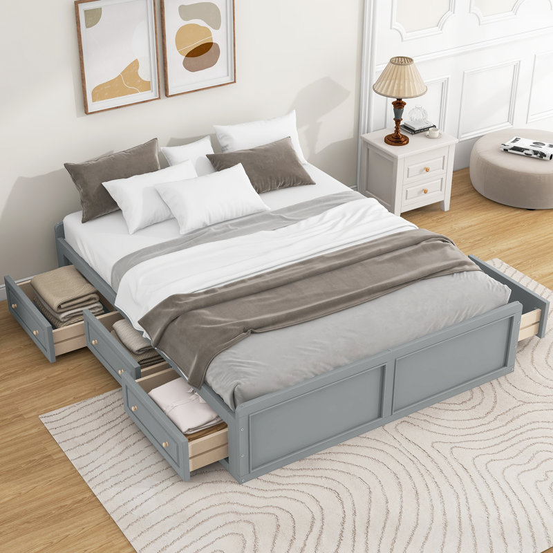  Grand lit plateforme en bois avec 6 tiroirs de rangement, pin massif, gris, Gris
