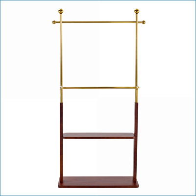 Portemanteaux moderne à double couche avec rangement, acier inoxydable doré de 68,9 po de hauteur Bois de noyer massif | Or, noyer | Métal, bois massif