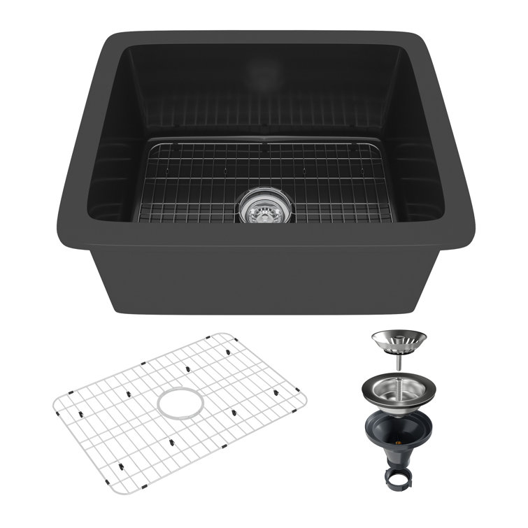 CASAINC Black Fireclay 33 in. Single Bowl Farmhouse Apron Kitchen Sink with Sprayer Kitchen Faucet and Accessories, 33 in. Matte Black Fireclay