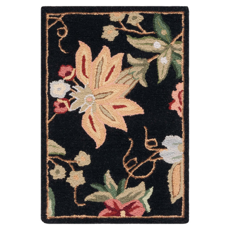 Tapis noir en laine bouclé / crocheté à la main Hollander, Rectangle 2 pi 6 po x 4 pi