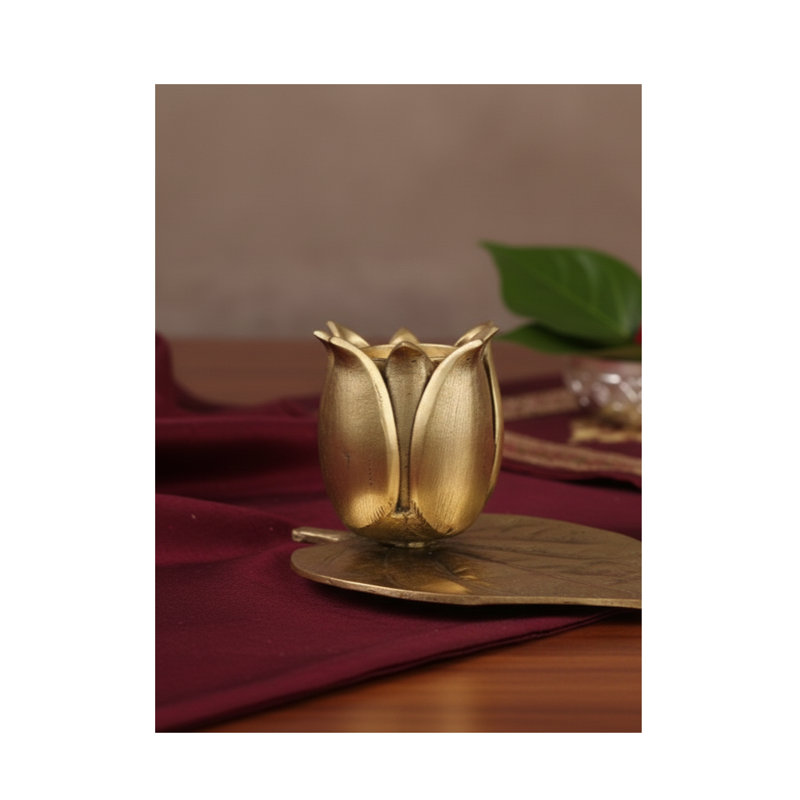 Brass Lotus Flower Candle Holder on Betel Leaf Paan Patta Base, Handcrafted Spiritual Decor for Tabletop Altar Meditation