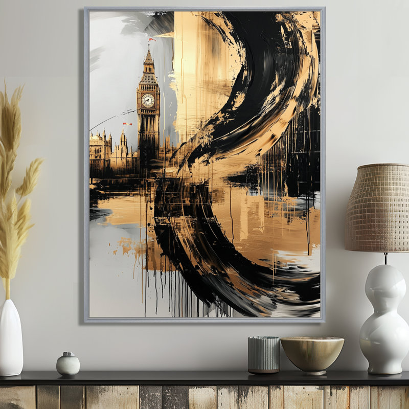 Moataz Big Ben Glow In England III - Art mural pour le salon en Angleterre, Argent argent, H 20 po x l 12 po