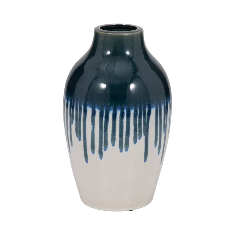 Clay Drip Vase in Blue and White - Decorative Vase, Home Accent and Floral Arrangements, 13" H x 8" W x 8" D