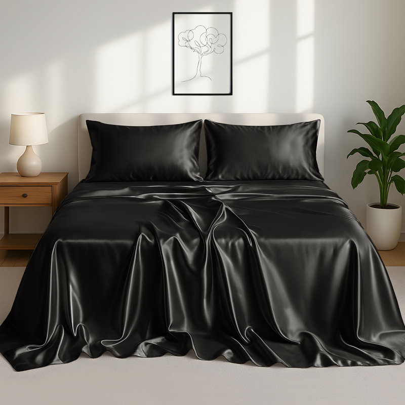 Drap-housse luxueux 4 pièces Lux Satin, Ensemble de draps pour très grand lit avec 2 taie, Noir
