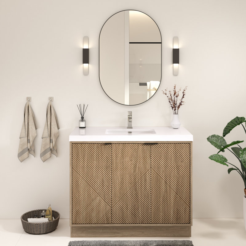 Meuble-lavabo autoportant 41,7 po Monterey + lavabo en acrylique noir renforcé (portes à droite), 42", Marron clair