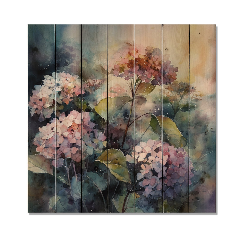 Hydreangea mauve-vert II sur bois, H 15 po x l 15 po x P 0,78 po