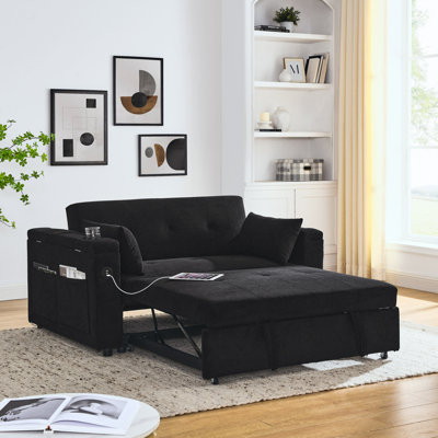 Canapé-lit inclinable 54 po à deux places avec accoudoirs avec rangement et poches latérales, dossier réglable et coussin lombaire pour appartements, salons avec prise de courant USB