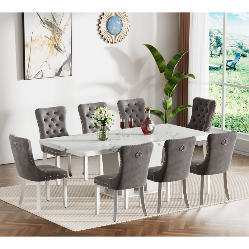 62.99" -78.74" Extendable Dining Table Set, White Dining Room Table & Velvet Dining Chairs with Stainless Leg, Rustic Kitchen Dining Table and Chairs Set, Modern Dining Table Set
