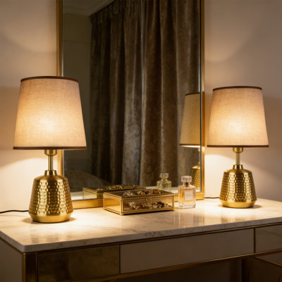Antique Brass Table Lamp With Linen Shade (Set Of 2) Height: 50Cm / 20In