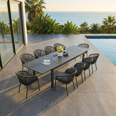 10 - Person Upgraded Aluminum Patio Stackable Dining Chair Set With Extendable Rectangular Table