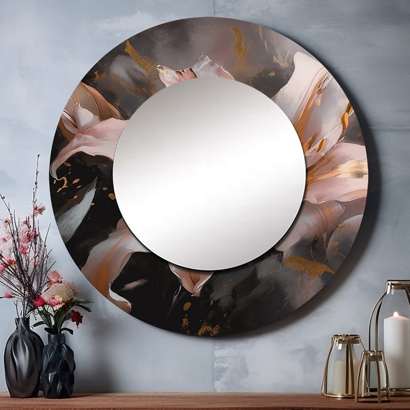 Portwin Pink Lily Dreams - Lily Decorative Mirror, Pink Large Round Wall Mirror, Printed Metal Art, 36" x 36"