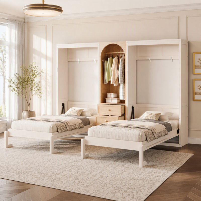 Lit escamotable double gain de place avec armoire intégrée et tiroirs de rangement, fini bois pour chambres d'amis