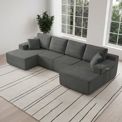 130" U-Shaped Modular Sectional Sofa with Chaise, Innerspring Cushions and Bolster Support, Heavy-Duty