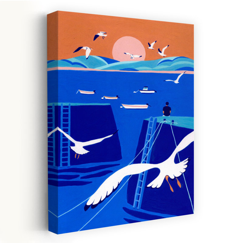 Contemporary Art Abstract Contemporary Seagull Bird Landscape Nature Wall Art by Julie Lesouef - Wrapped Canvas Print