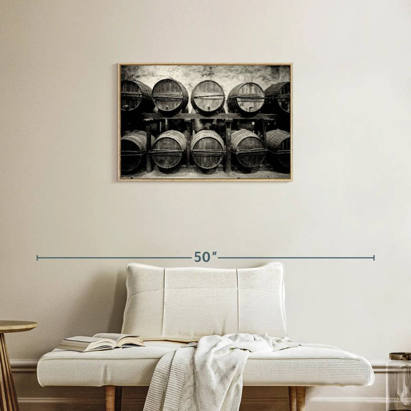 Barrels Of Wine, Floating Frame Natural Wood, 31" X 21"