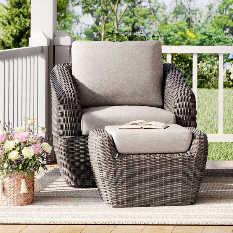 Cambelle Swivel Weather Resistant PE Wicker Barrel Chair and Ottoman Set, Grey, Grey