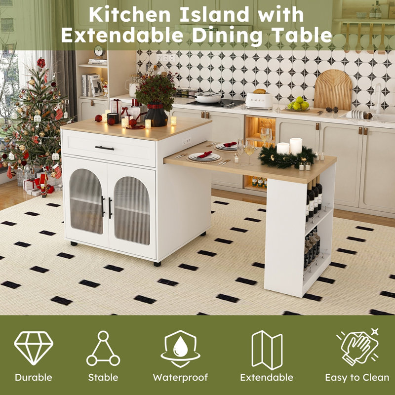 Îlot de cuisine de 80 pouces avec table de salle à manger, comptoir en bois massif avec prise de courant, chariot de rangement mobile avec armoire et 2 tiroirs, table de préparation pour la cuisine (blanc)