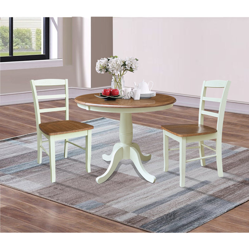 Gadmann Pedestal Extendable Solid Wood Dining Set, Hickory/Washed Coal, 3 Pieces: Table, 2 Chairs