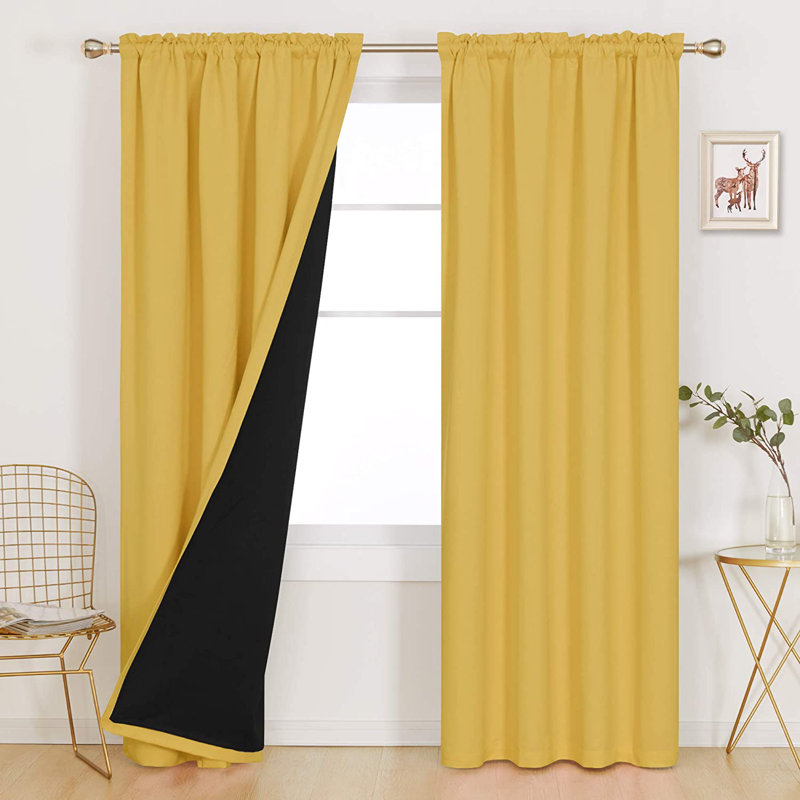 Deconovo 100 Percent Blackout with Liner Rod Pocket Curtain Panel Pair, 52" W x 63" L, Yolk Yellow