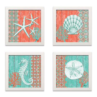 «Lovely Teal and Coral Ocean Seashell Sand Dollar Seahorse Starfish Collage» par Paul Brent, ensemble de 4 reproductions sur toile