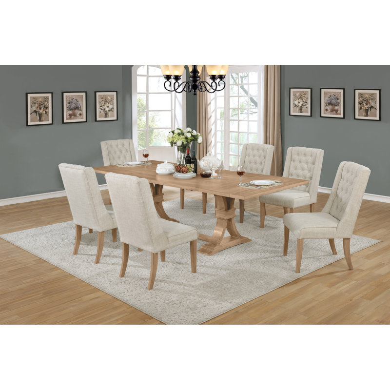 Table de salle à manger à rallonge en bois rustique de 72 po à 104 po avec chaises en lin capitonnées Dions, Rustique naturel