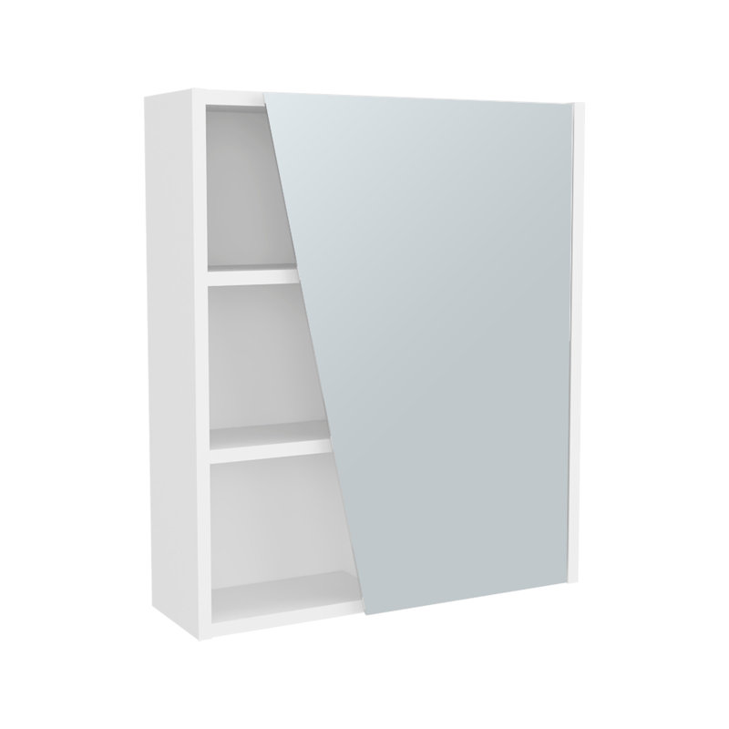 Armoire à pharmacie blanche avec porte en miroir et rangement ouvert