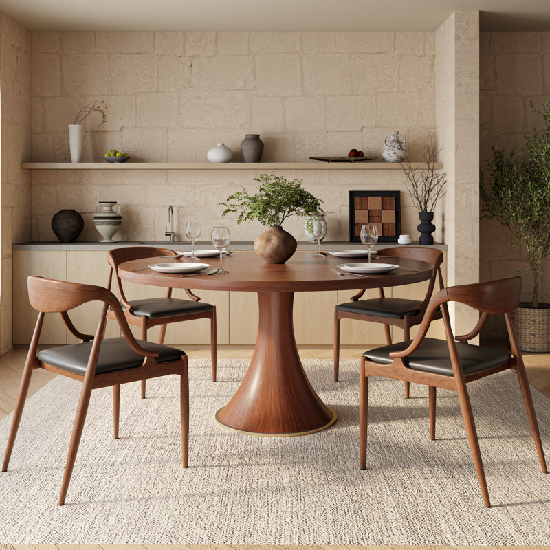 Round Mid-Century Farmhouse Solid Wood Dining Table, 29.52"H x 53.15"L x 53.15"W