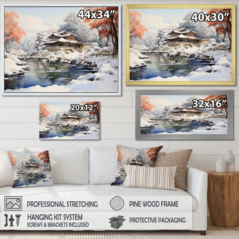 Japon Art Snowy Hot Bath II - Japan Art Canvas Prints, H 24 po x l 32 po x P 1 po, Cadre flottant doré