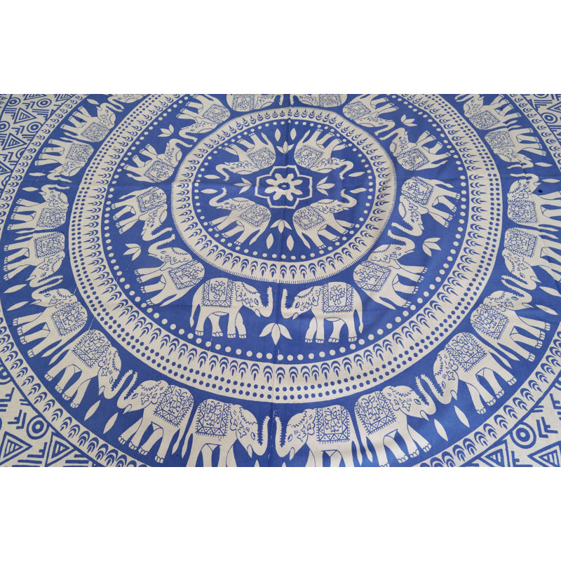 Cotton Bedsheet from Pilkhuwa with Printed Chakravhuh of Elephants for Boho and Ethnic Bedroom Decor