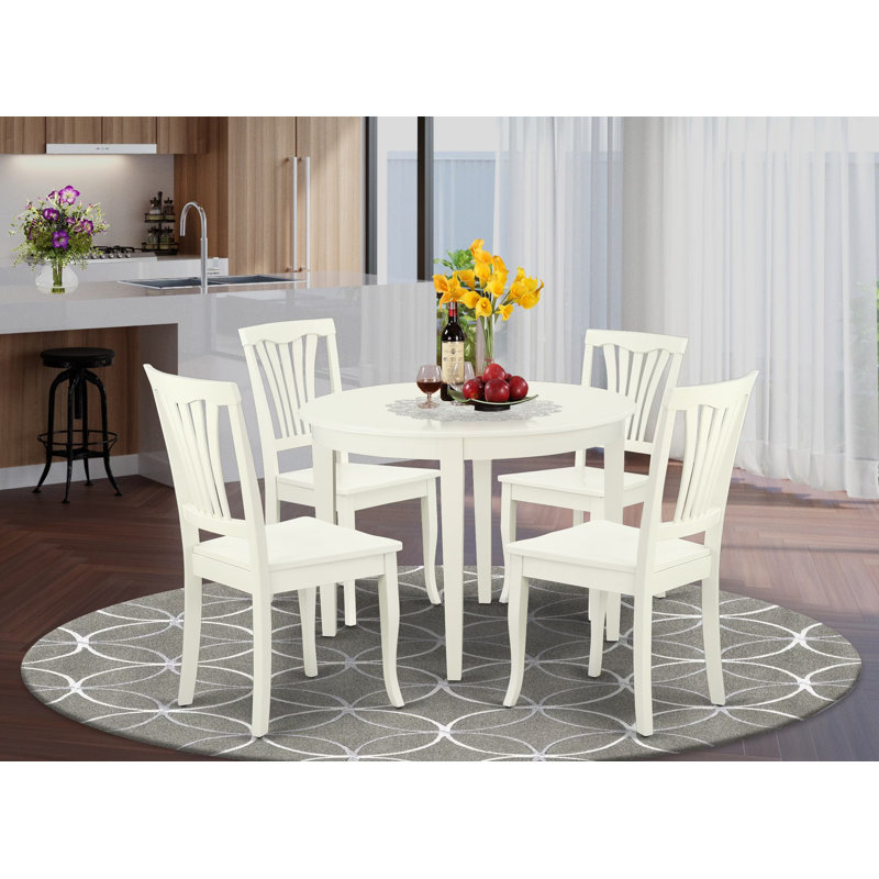 3 Piece Kitchen Table & Chairs Set Contains a Round Dining Room Table and 2 Solid Wood Seat Chairs, 42x42 Inch, Linen White