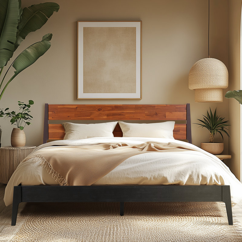 Callisto King Solid Wood Bed Frame with Headboard – Black Mid-Century Platform Bed, No Box Spring Required, Black, King